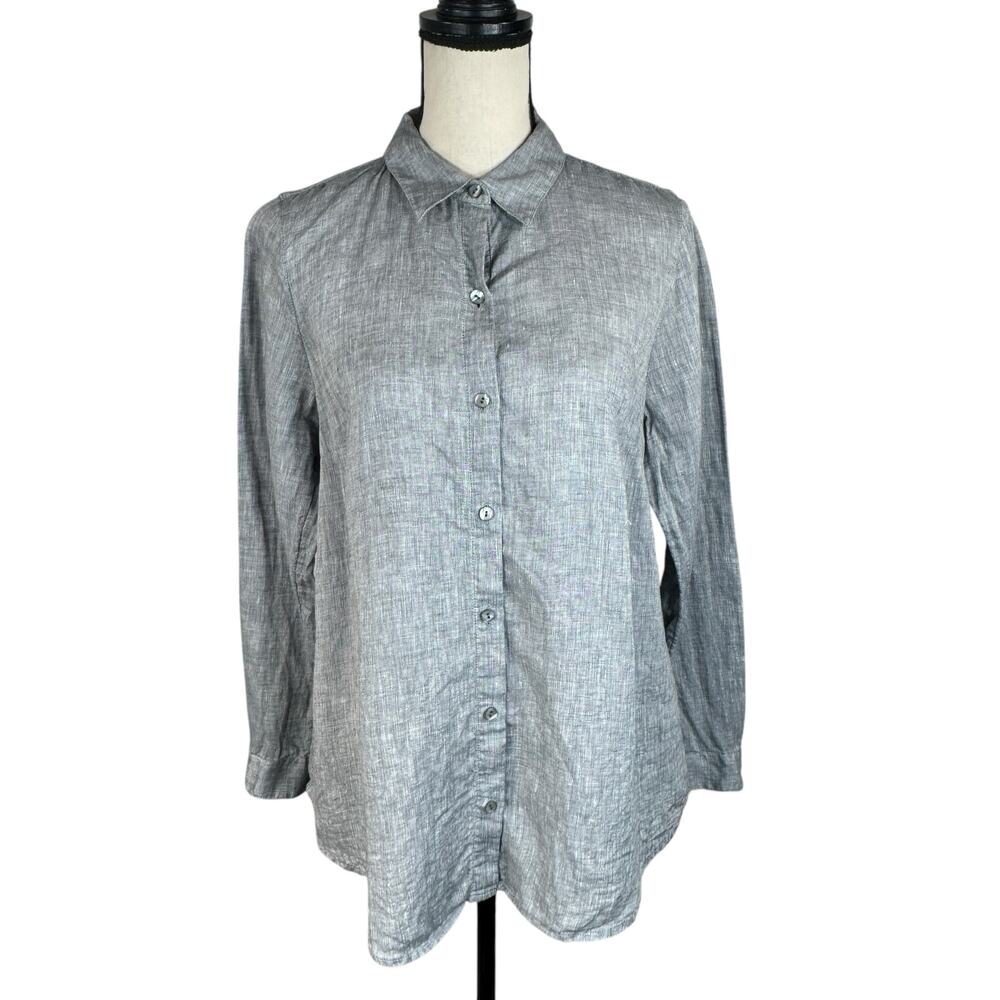 J. Jill Small Love Linen Top Button-Up Long Roll-Tab Sleeve Collared Gray Marled